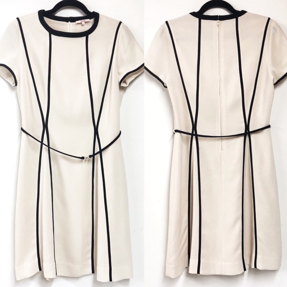Anthropologie brand Moncollet cream crepe with black seams short sleeve dress 10